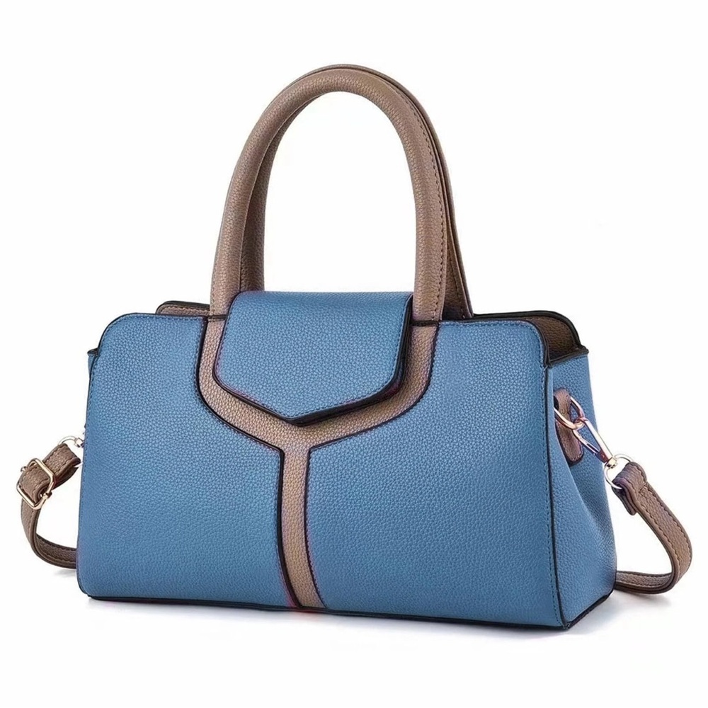 New Chic Blue and Tan Satchel vegan leather